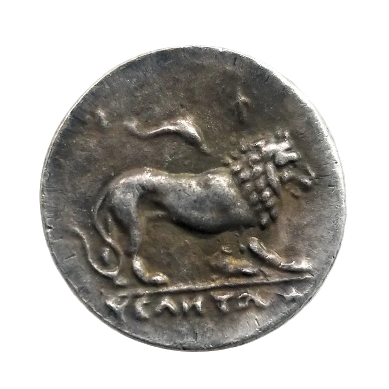 Ancient Greek Leontinoi coin reverse showing reclining lion holding grapes with ΛΕΟΝΤΙΝΩΝ inscription - antique silver finish 23g