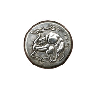 Ancient Greek coin reverse showing dramatic lion hunting scene with predator attacking prey - antique silver finish 40g