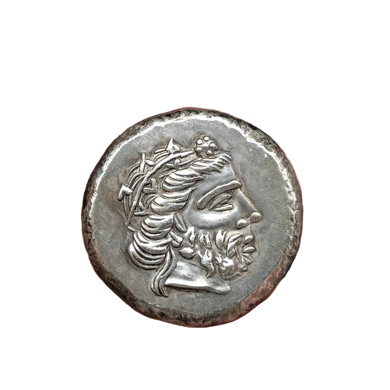 Ancient Greek Naxos Zeus coin showing bearded god with flowing hair and laurel wreath crown - antique silver finish 30g