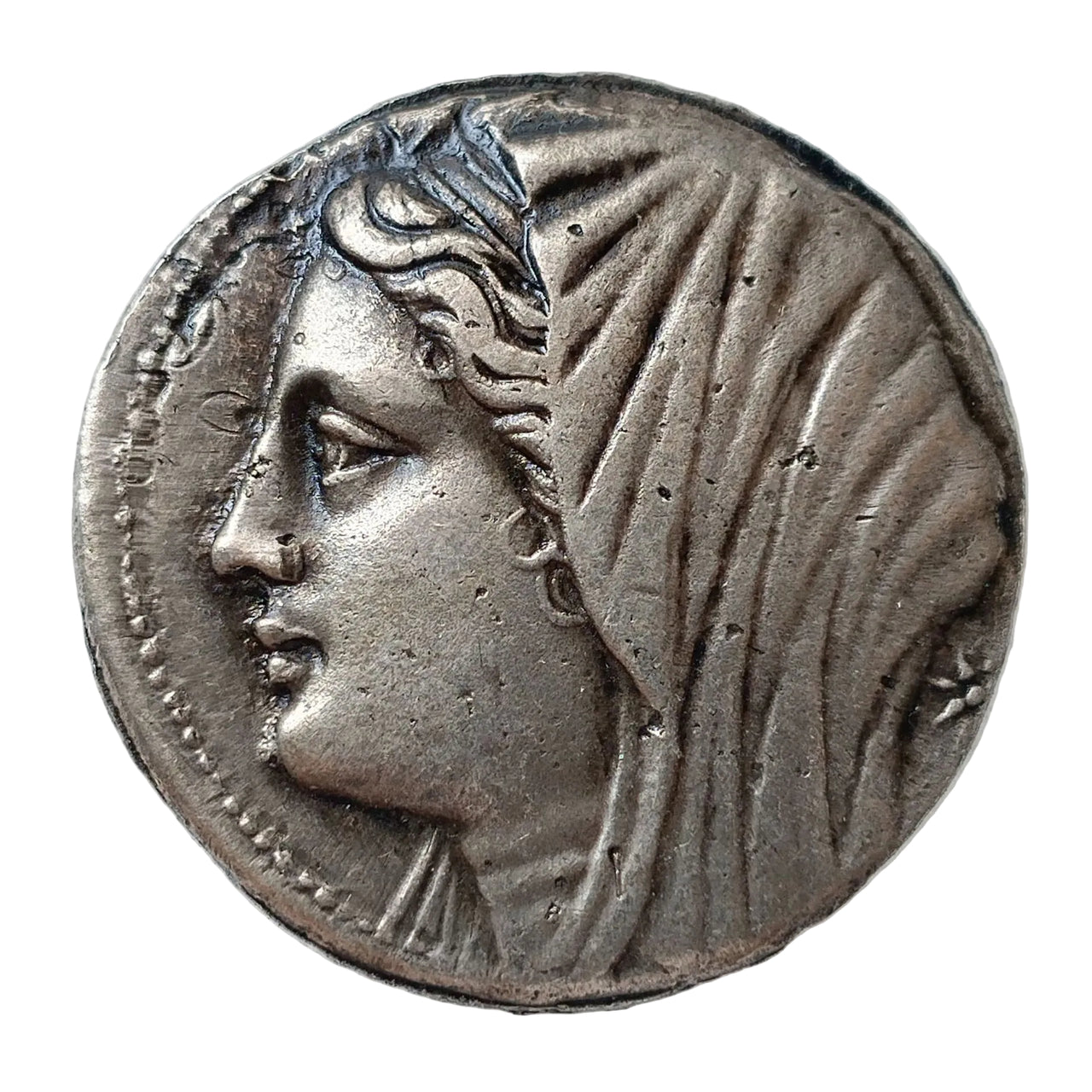 Ancient Greek coin showing goddess with diadem crown and elaborate draped veil - antique silver finish 15g