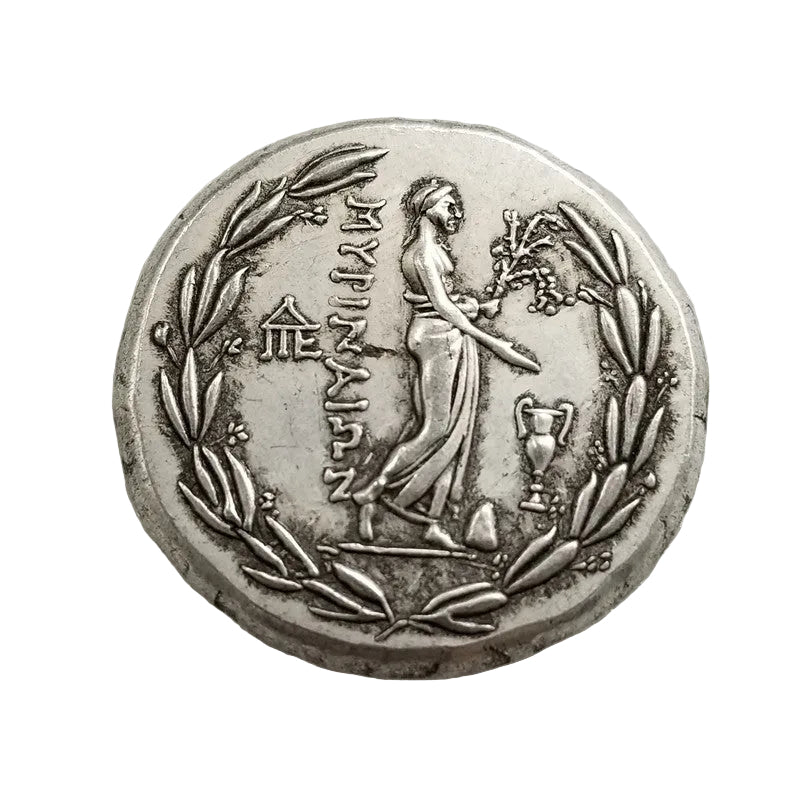 Ancient Greek coin reverse showing Victory Nike holding wreath and palm branch within laurel wreath border - antique silver finish 57g