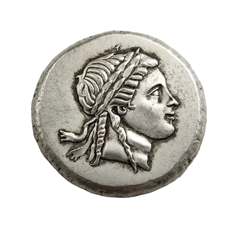 Ancient Greek coin showing youthful male profile with elaborate styled hair - antique silver finish 57g