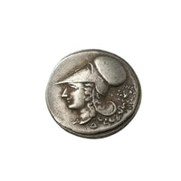 Ancient Greek warrior deity coin showing profile with ornate crested helmet - antique silver finish 14g
