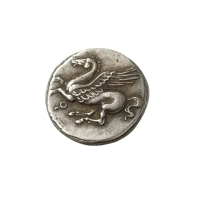 Ancient Greek Pegasus coin reverse showing winged horse in motion - antique silver finish 14g