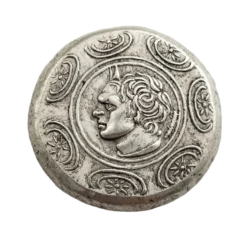 Ancient Macedonian shield coin showing portrait within ornate circular design with crescents and stars - antique silver finish 22g