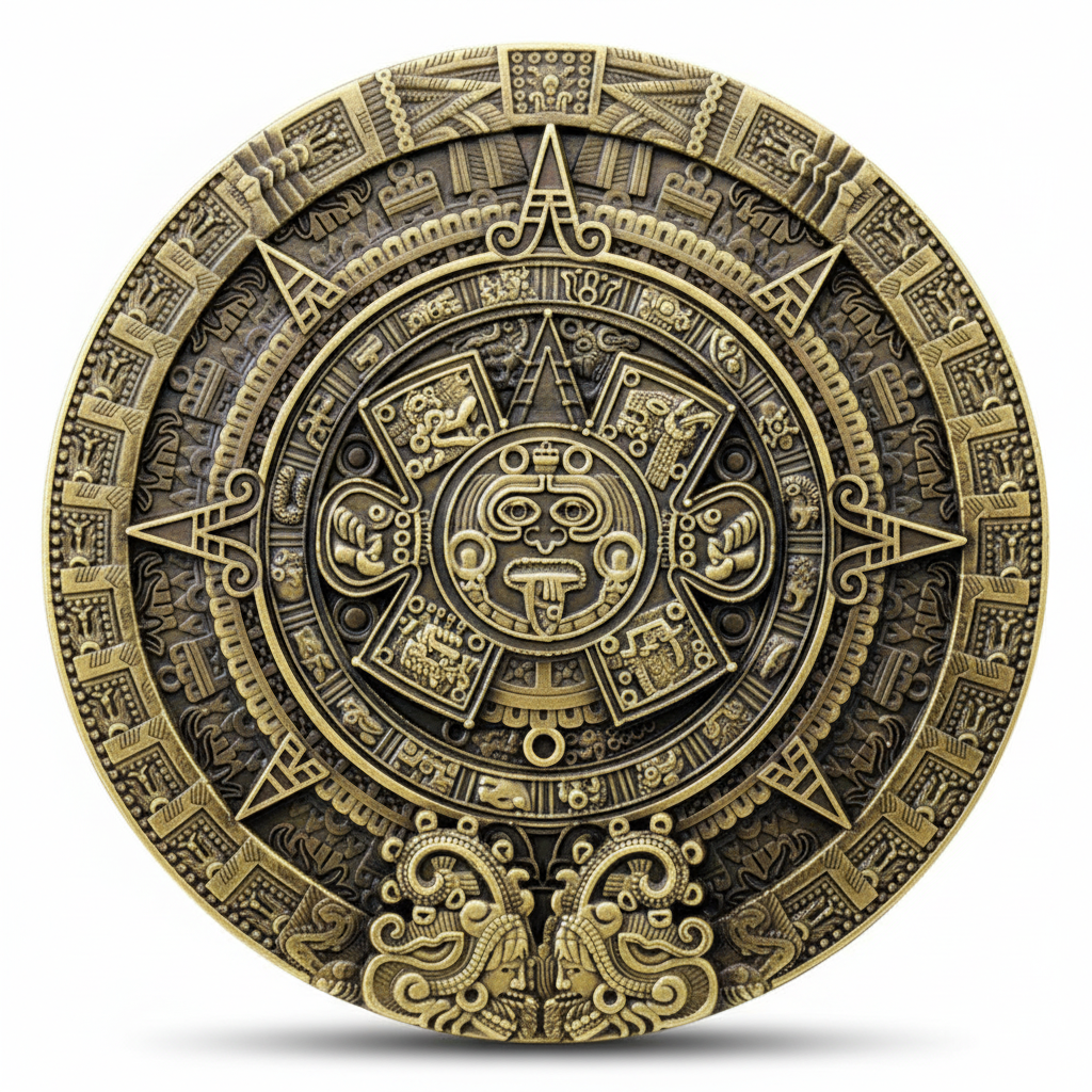 Ancient bronze Mayan calendar coin featuring Aztec sun stone with intricate concentric circles, glyphs, and calendar symbols, 80mm diameter