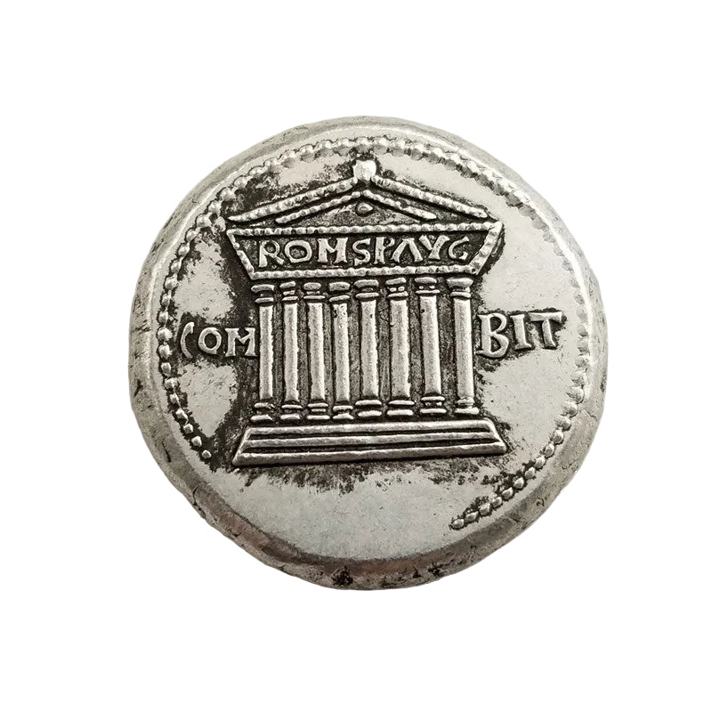 Ancient Roman temple coin showing classical temple with columns, pediment and ROM S AVG COM BIT inscriptions - antique silver finish 53g
