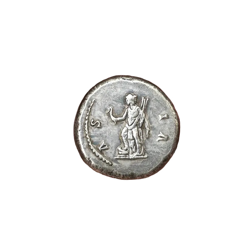 Ancient Roman coin reverse showing standing Apollo deity with staff and Latin inscriptions - antique silver finish 50g