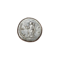 Ancient Roman coin reverse showing standing Apollo deity with staff and Latin inscriptions - antique silver finish 50g