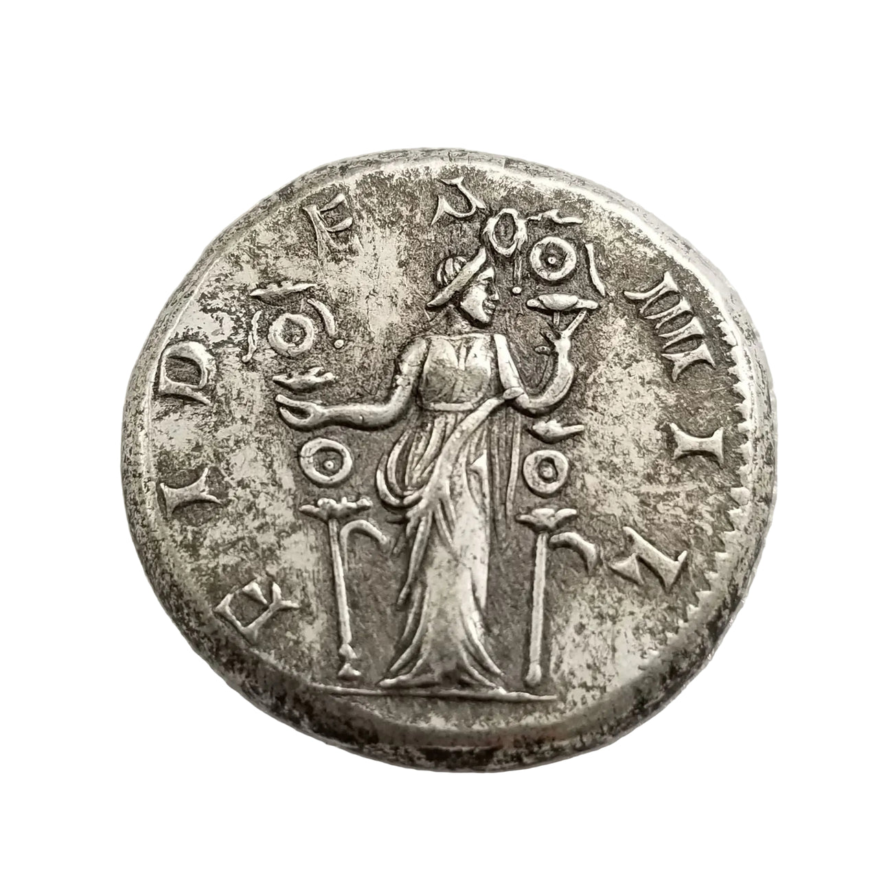 Ancient Roman Felicitas coin reverse showing goddess holding caduceus and cornucopia with Latin inscriptions - antique silver finish 25g