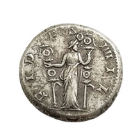 Ancient Roman Felicitas coin reverse showing goddess holding caduceus and cornucopia with Latin inscriptions - antique silver finish 25g