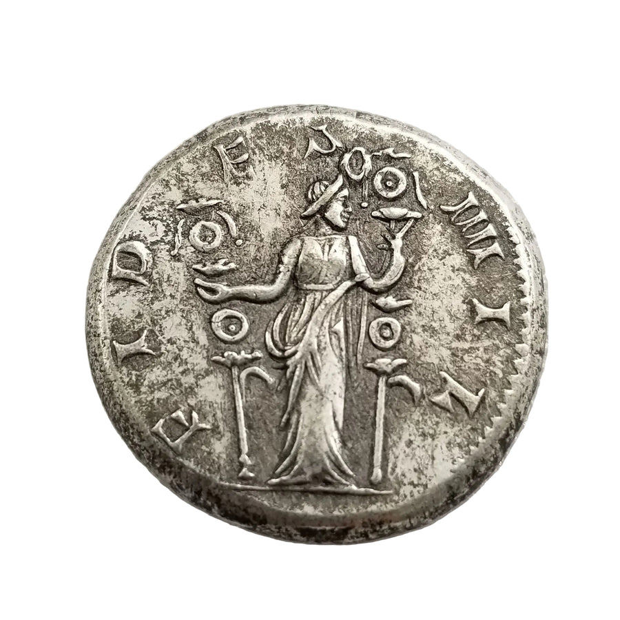 Ancient Roman Felicitas coin reverse showing goddess holding caduceus and cornucopia with Latin inscriptions - antique silver finish 25g