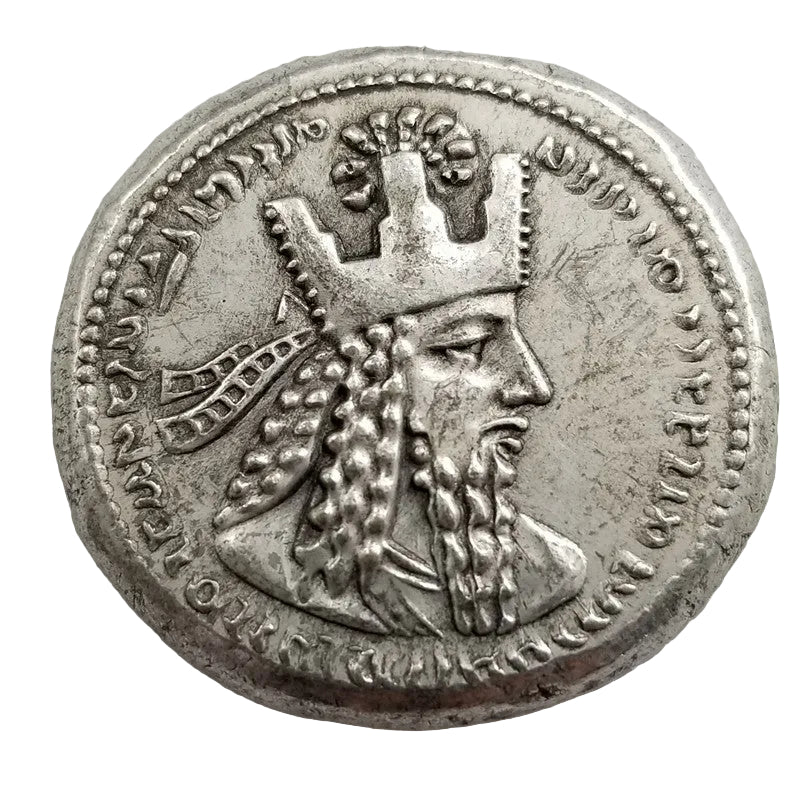Ancient Sasanian Persian coin showing king with elaborate curly hair beard and ornate crown with decorative elements - antique silver finish 22g