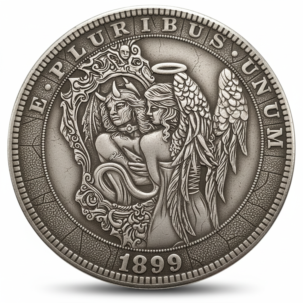 Angel devil mirror coin with baroque reflection and duality symbolism 1899 gothic philosophical art available at One More Coin store
