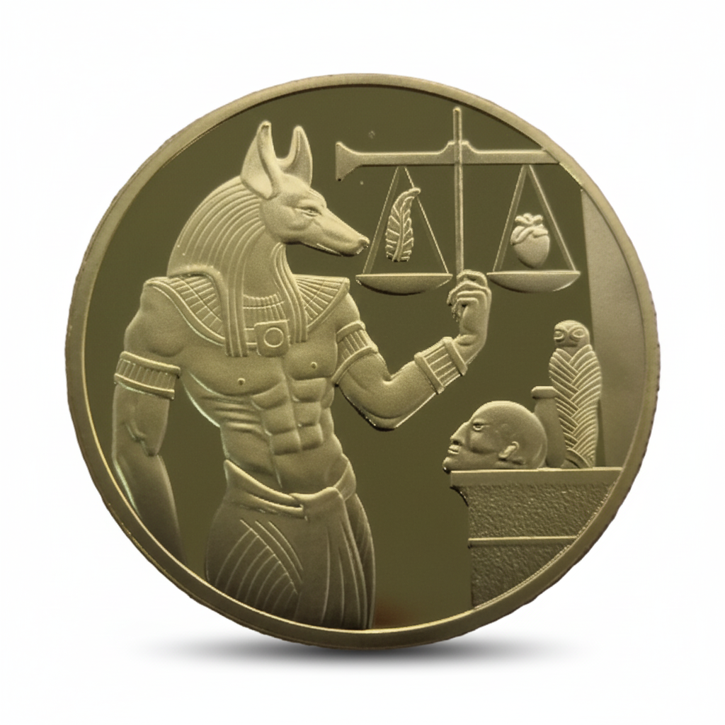 Anubis Sphinx Egyptian coin commemorative collectible scales of justice pyramid hieroglyphics ancient Egypt mythology collectible token available at One More Coin store

