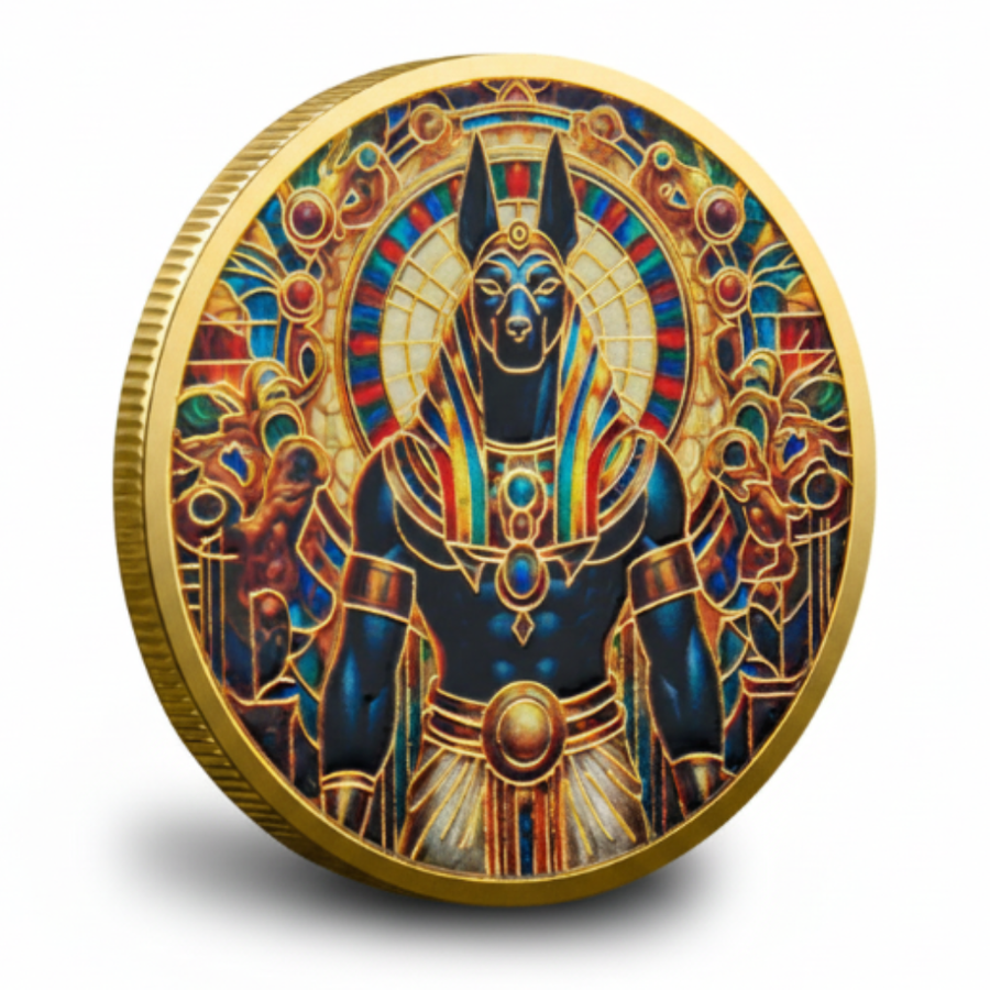 Anubis Sphinx Egyptian coins commemorative collectible ancient Egypt mythology hieroglyphics gold enamel collectible token available at One More Coin store
