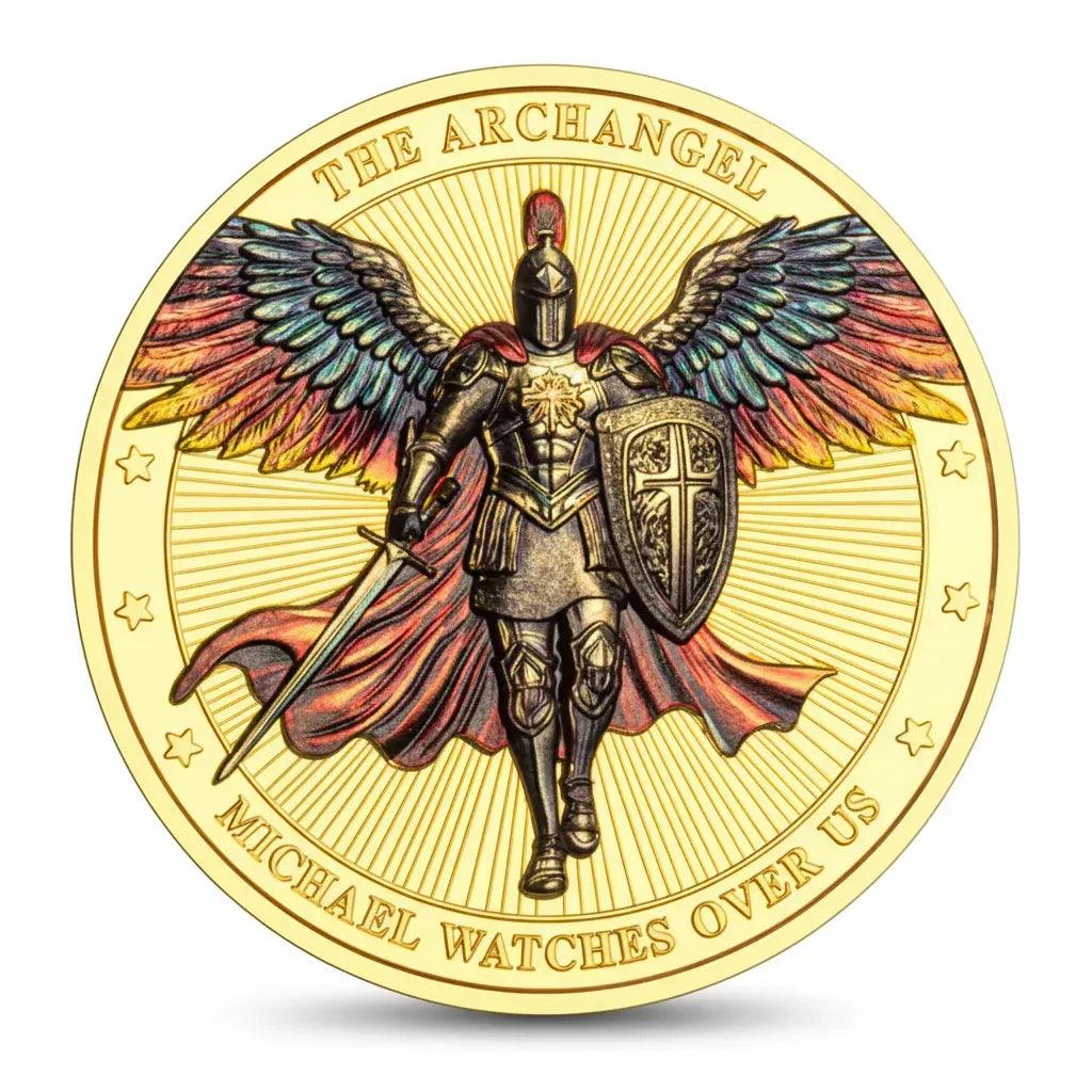Archangel Michael guardian coin commemorative collectible rainbow wings protection prayer religious spiritual angel collectible token available at One More Coin store

