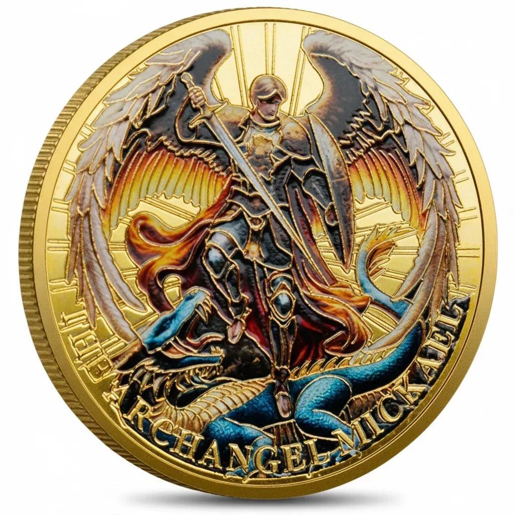 Archangel Michael vs Lucifer coin commemorative collectible battle scene angel demon religious spiritual warfare gold collectible token available at One More Coin store
