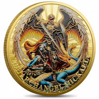 Archangel Michael vs Lucifer coin commemorative collectible battle scene angel demon religious spiritual warfare gold collectible token available at One More Coin store
