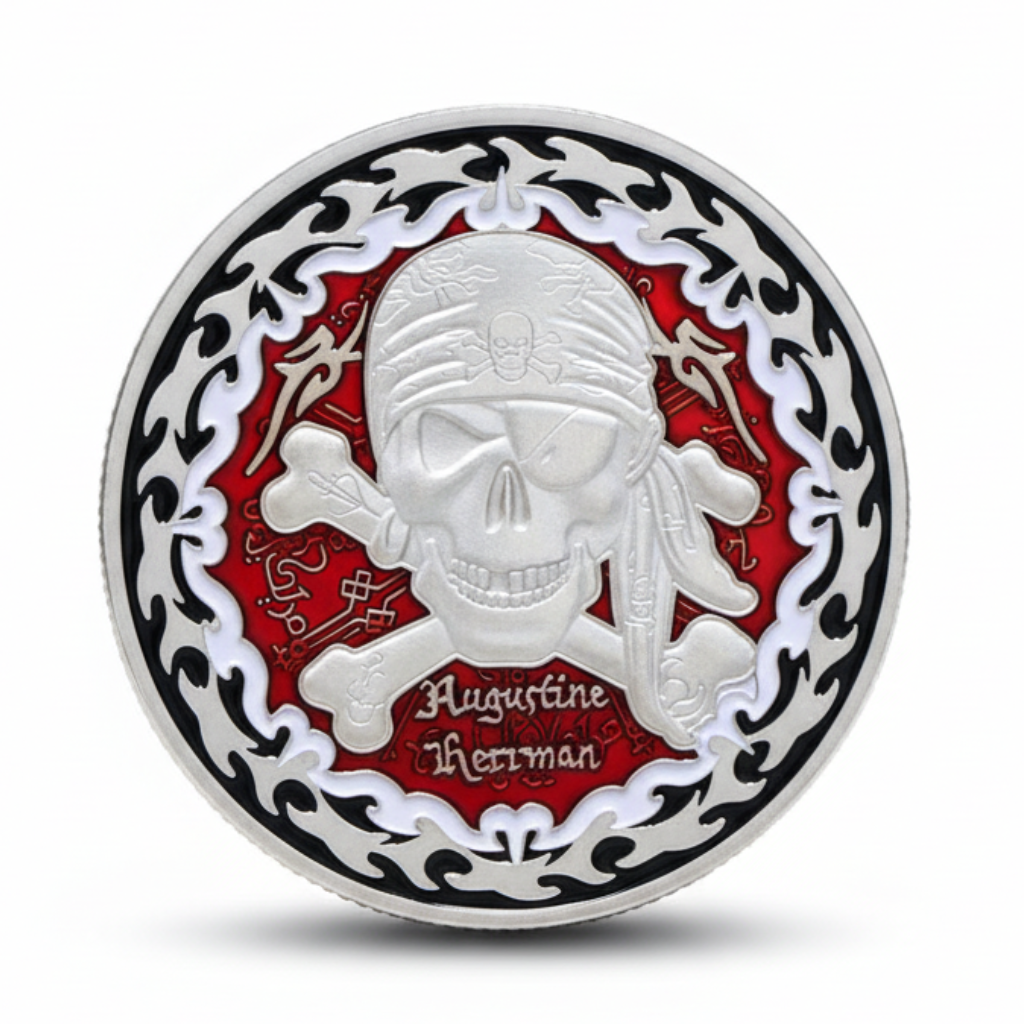 Augustine Herrman pirate coin with skull and crossed bones red enamel nautical collectible available at One More Coin store
