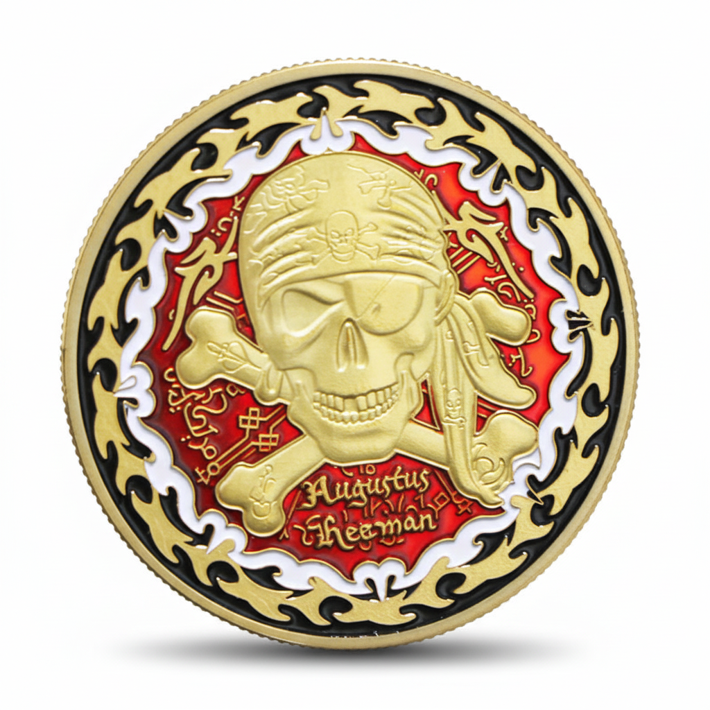 Augustus Freeman pirate coin with skull and crossed bones red enamel nautical collectible available at One More Coin store
