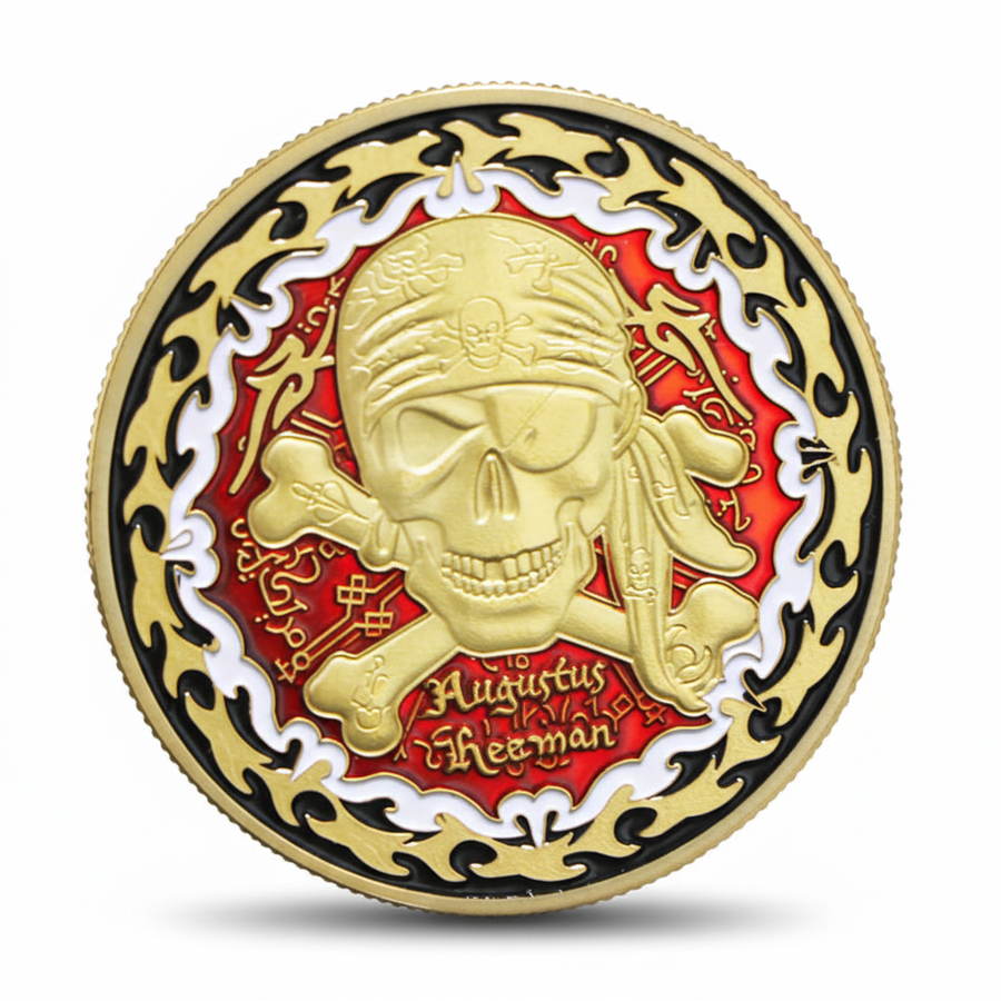 Augustus Freeman pirate coin with skull and crossed bones red enamel nautical collectible available at One More Coin store
