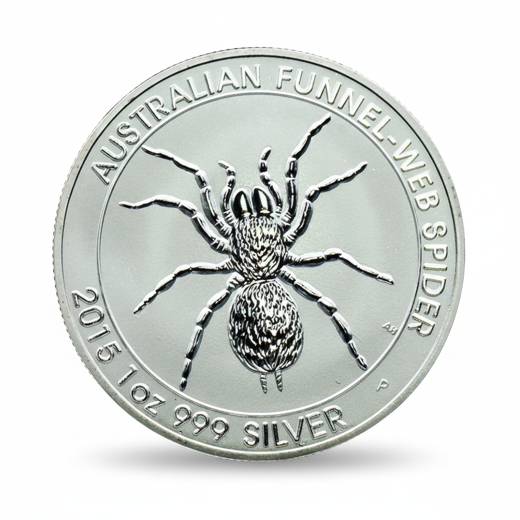 Australian Funnel-Web Spider 2015 commemorative silver coin front featuring detailed funnel-web spider with textured body and eight legs
