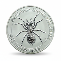 Australian Funnel-Web Spider 2015 commemorative silver coin front featuring detailed funnel-web spider with textured body and eight legs