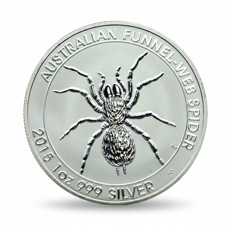 Australian Funnel-Web Spider 2015 commemorative silver coin front featuring detailed funnel-web spider with textured body and eight legs