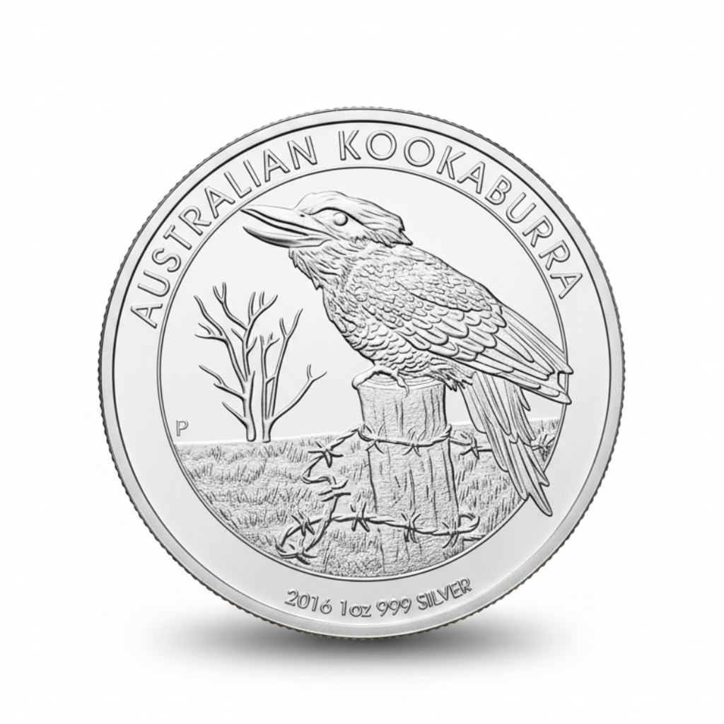Australian Kookaburra 2016 commemorative silver coin front featuring detailed kookaburra bird perched on wooden fence post with barbed wire