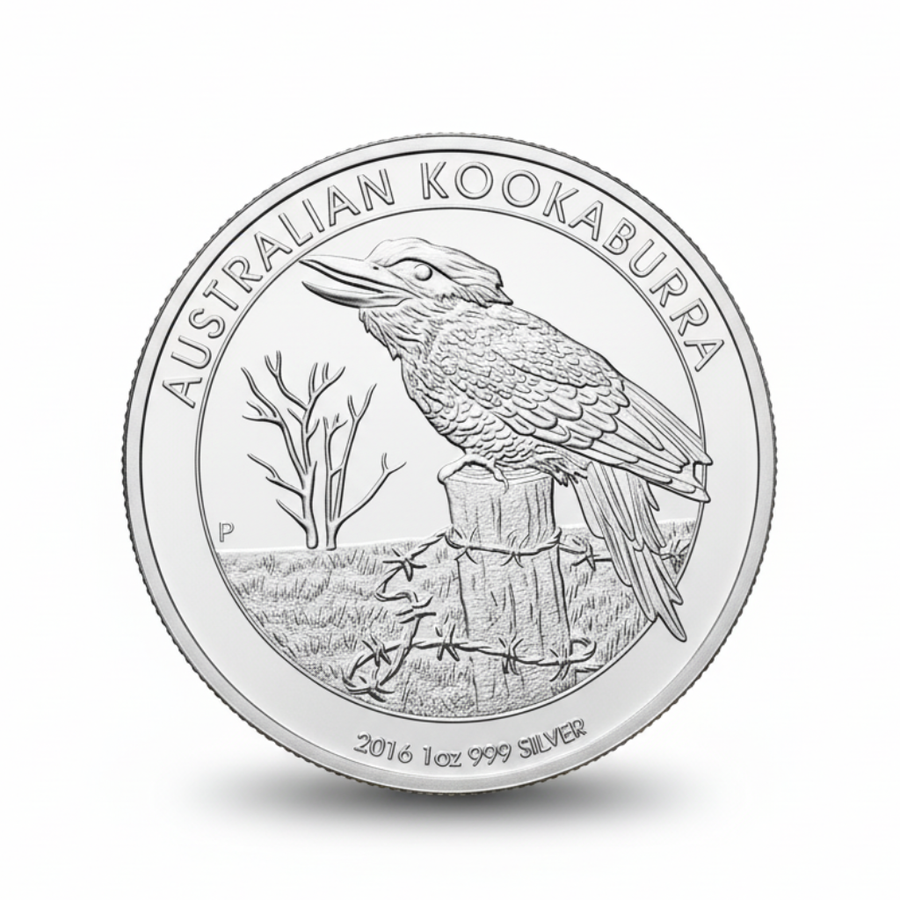 Australian Kookaburra 2016 commemorative silver coin front featuring detailed kookaburra bird perched on wooden fence post with barbed wire