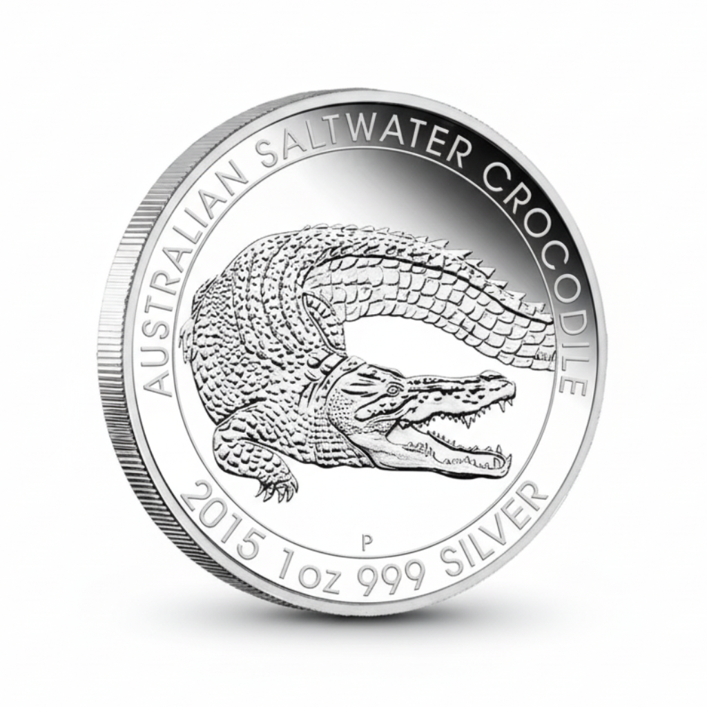 Australian Saltwater Crocodile 2015 commemorative silver coin front featuring detailed crocodile with open mouth textured scaly skin and powerful body