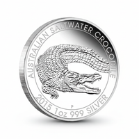 Australian Saltwater Crocodile 2015 commemorative silver coin front featuring detailed crocodile with open mouth textured scaly skin and powerful body