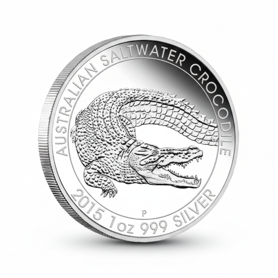 Australian Saltwater Crocodile 2015 commemorative silver coin front featuring detailed crocodile with open mouth textured scaly skin and powerful body