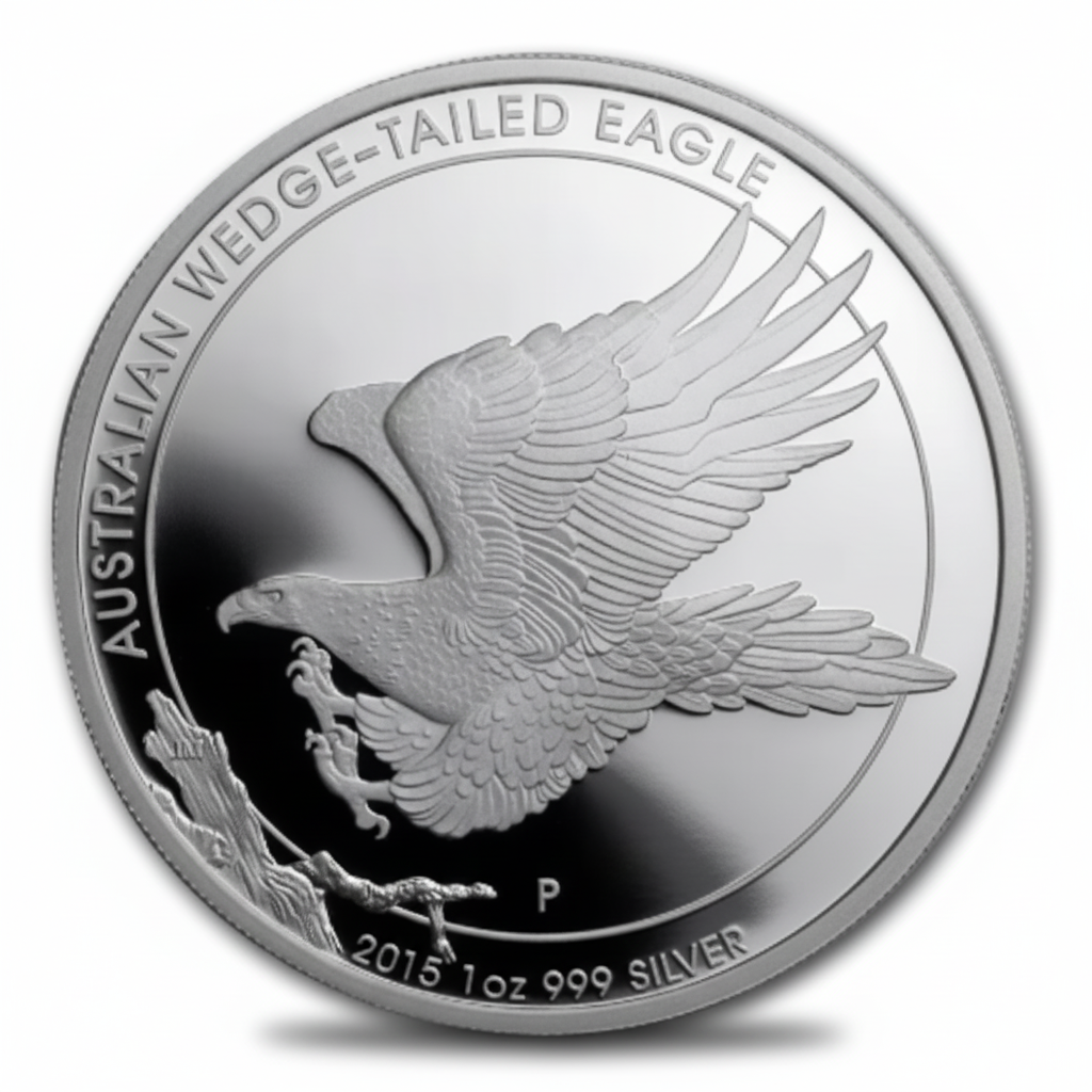 Australian Wedge-Tailed Eagle 2015 commemorative silver coin front featuring detailed eagle in flight with wings spread wide and extended talons