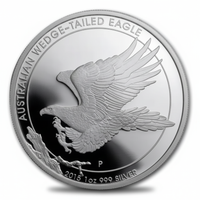 Australian Wedge-Tailed Eagle 2015 commemorative silver coin front featuring detailed eagle in flight with wings spread wide and extended talons