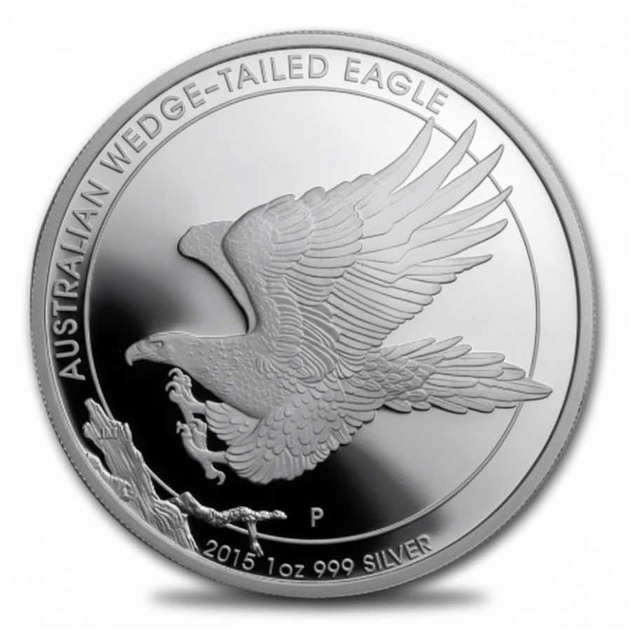Australian Wedge-Tailed Eagle 2015 commemorative silver coin front featuring detailed eagle in flight with wings spread wide and extended talons
