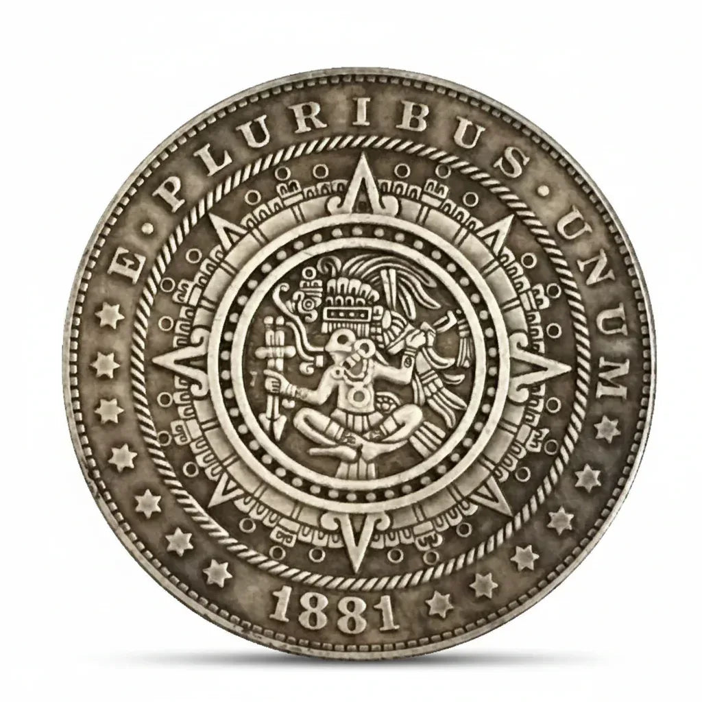 Aztec calendar Morgan Dollar hobo coin collectible Mesoamerican sun stone deity ancient civilization silver-plated gift for collectors available at One More Coin store
