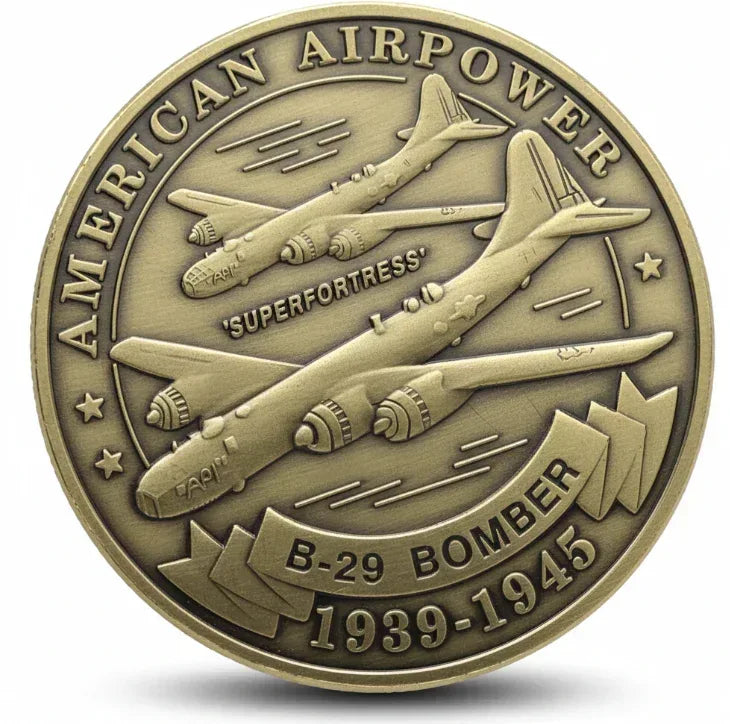 B-29 Superfortress American airpower coin commemorative collectible WWII bomber 1939-1945 military aviation collectible token available at One More Coin store
