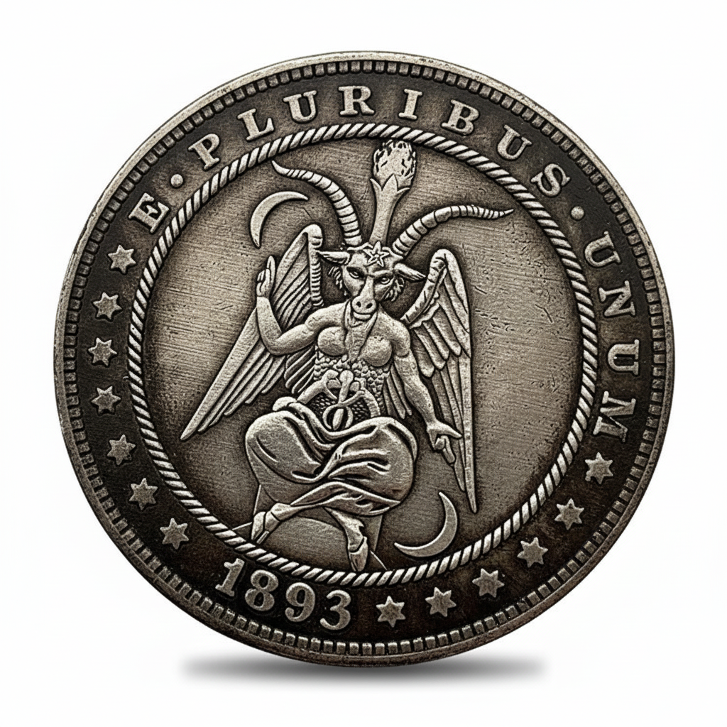 Baphomet coin with winged deity torch and meditation pose 1893 occult gothic collectible available at One More Coin store
