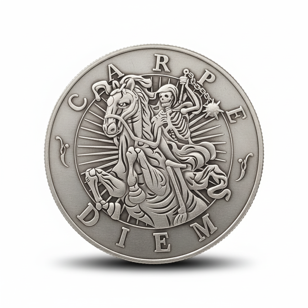 Antique silver coin reverse featuring skeleton Grim Reaper riding skeletal horse with scythe and Carpe Diem text with radiating sunburst, 40mm collectible
