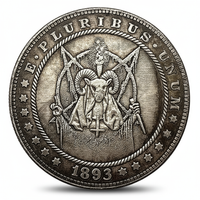 Castle zealot demon hobo coin with horned cultist ritual dagger and inverted cross 1893 gothic horror collectible available at One More Coin store

