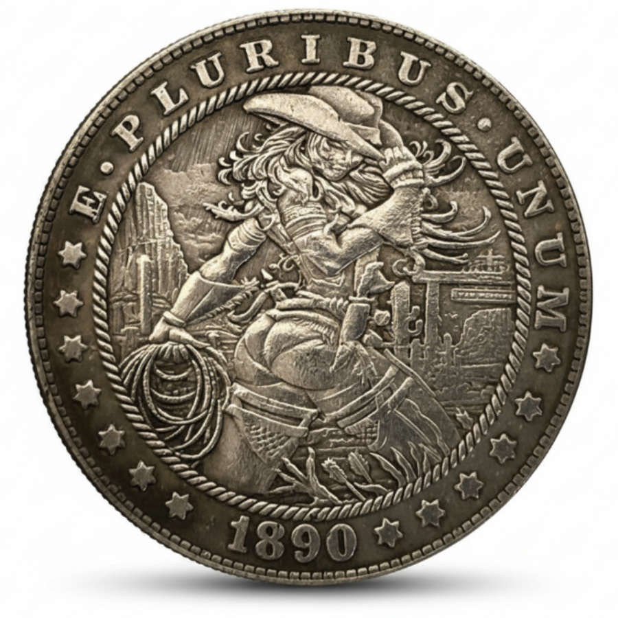 Cowgirl hobo coin with pistol and Western town background 1890 carved Wild West art available at One More Coin store
