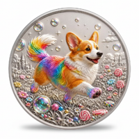 A round silver-toned collectible coin featuring a colorful rainbow Corgi running through a whimsical field of flowers, bubbles, and candy, set against a clean white background.