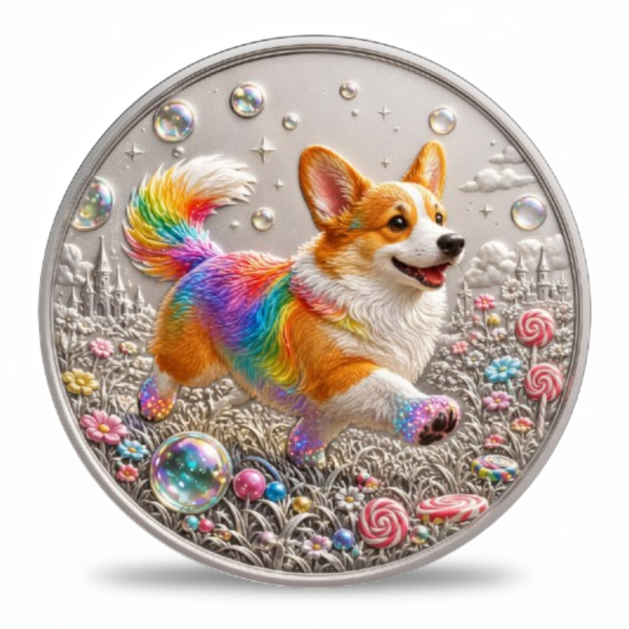 A round silver-toned collectible coin featuring a colorful rainbow Corgi running through a whimsical field of flowers, bubbles, and candy, set against a clean white background.