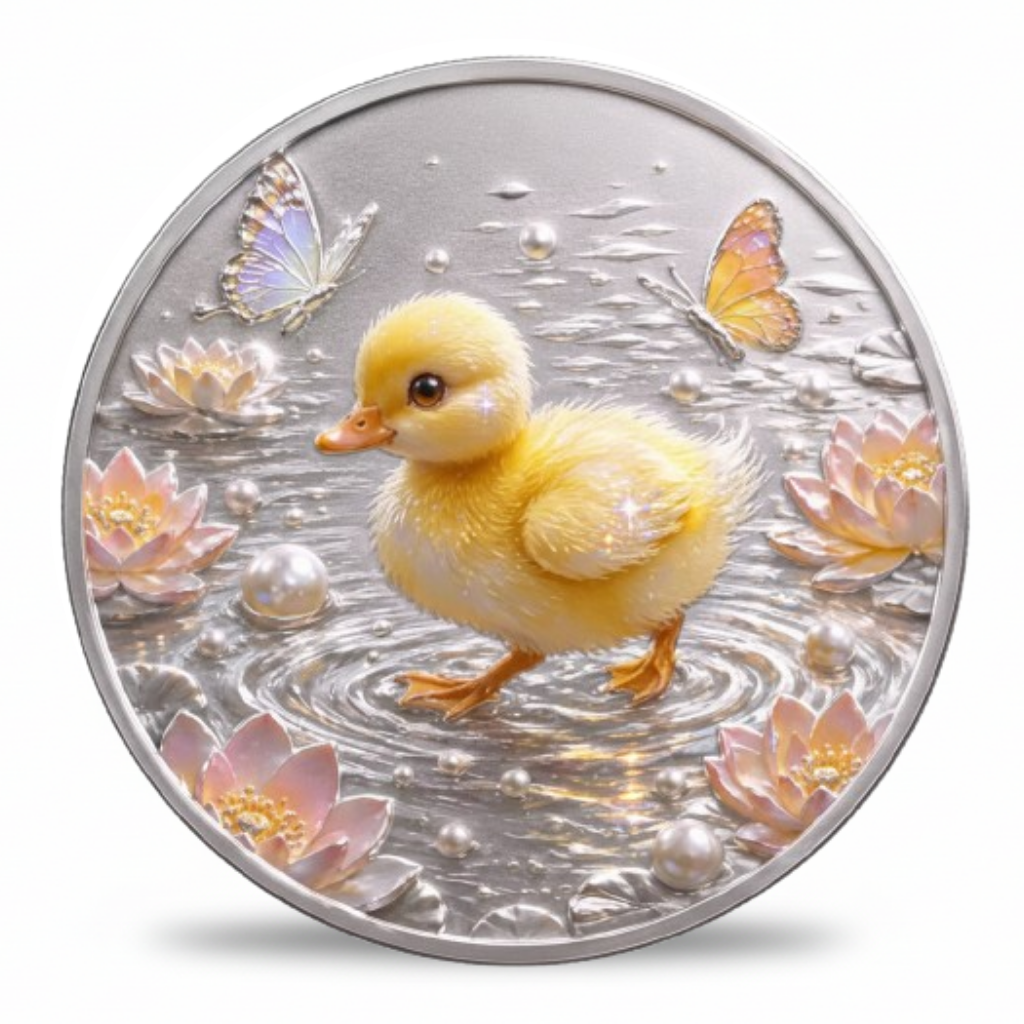 A round silver-toned medallion or coin featuring a yellow duckling standing in water with pink lotus flowers, butterflies, and pearl-like beads, shown on a white background.