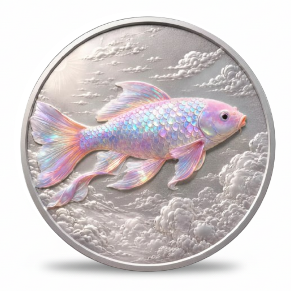 A round silver coin featuring a raised, iridescent pink and blue koi fish swimming over a textured cloud-like background, shown on a clean white background.