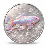 A round silver coin featuring a raised, iridescent pink and blue koi fish swimming over a textured cloud-like background, shown on a clean white background.