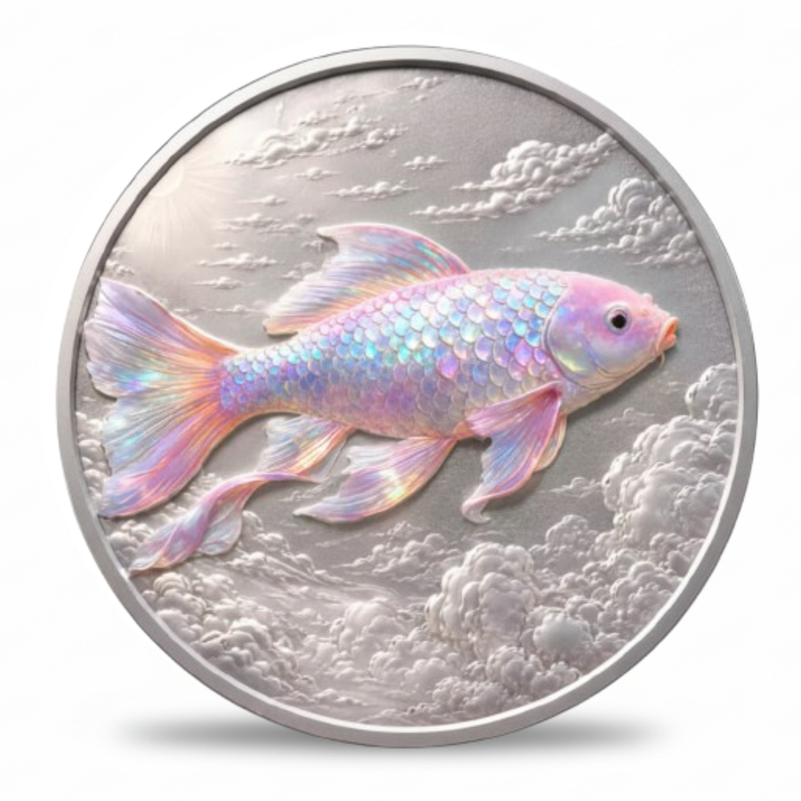 A round silver coin featuring a raised, iridescent pink and blue koi fish swimming over a textured cloud-like background, shown on a clean white background.