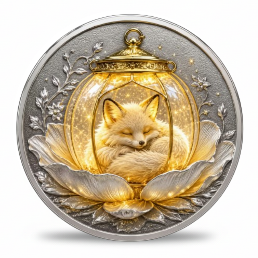 A round silver-toned coin featuring a sleeping fox inside a glowing lantern, set on a lotus flower with floral and leaf details around the border, shown on a white background.